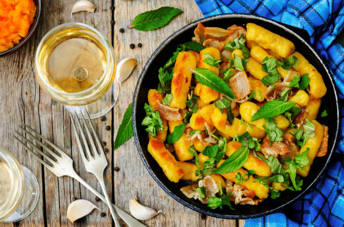 potatoes pumpkin gnocchi with bacon, cilantro and mint